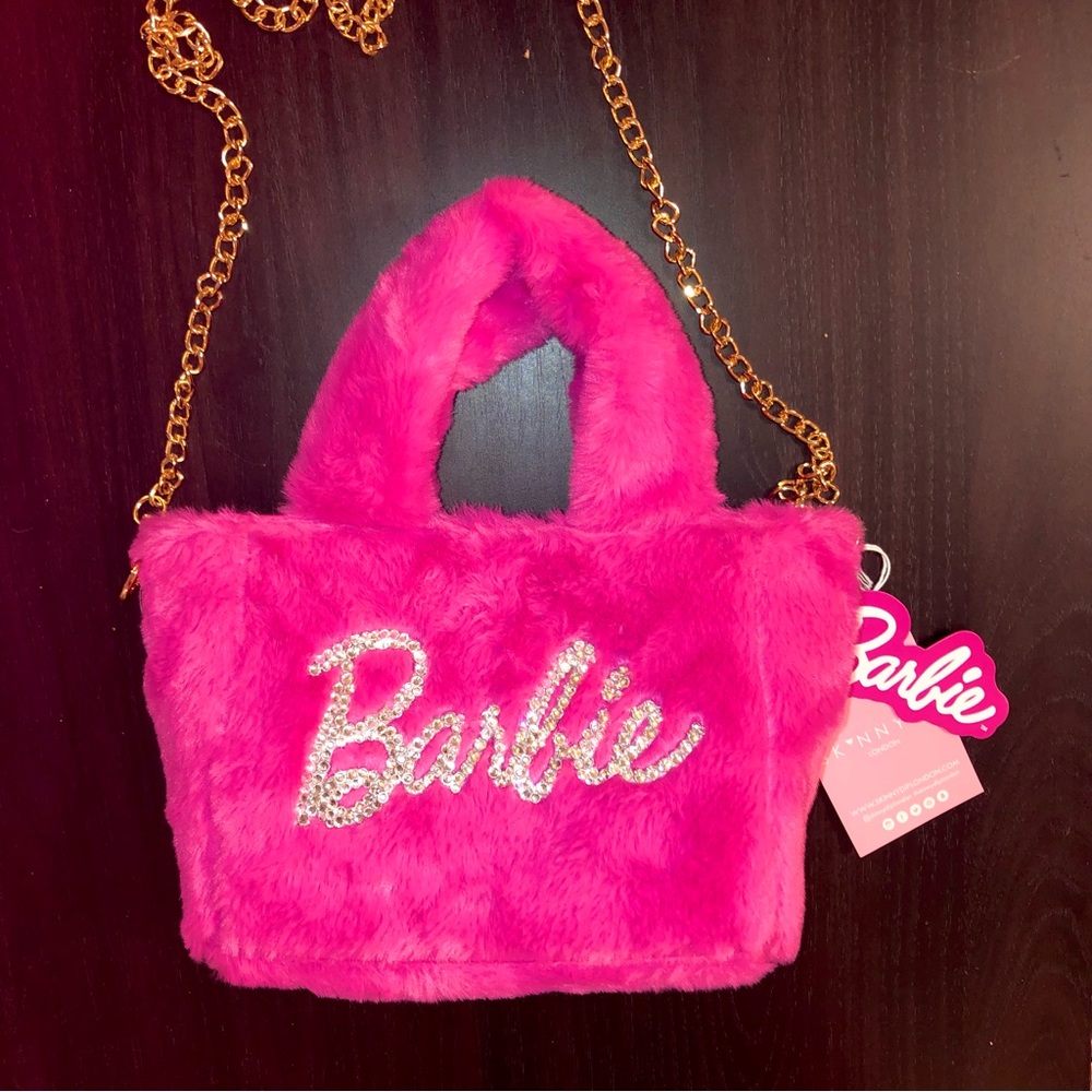 💗NEW BARBIE X SKINNYDIP LONDON CUSTOM BEDAZZLED RHINESTONE BLING fuzzy tote bag